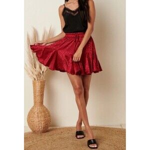 Deep Burgundy Red Leopard Print Satin Ruffle Mini Skirt Elastic Waist Size Small